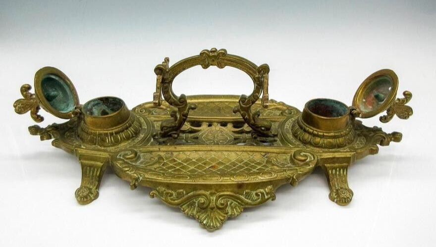 Victorian French cast Brass Inkwell Heraldic feather-marked Carre283-MOVING SALE