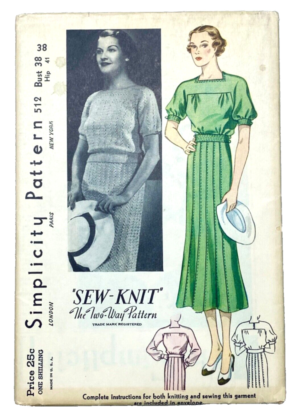 VERY RARE 1930s SIMPLICITY 512 SIZE 20/BUST 38 SEW-KNIT MISSES DRESS UC/FF