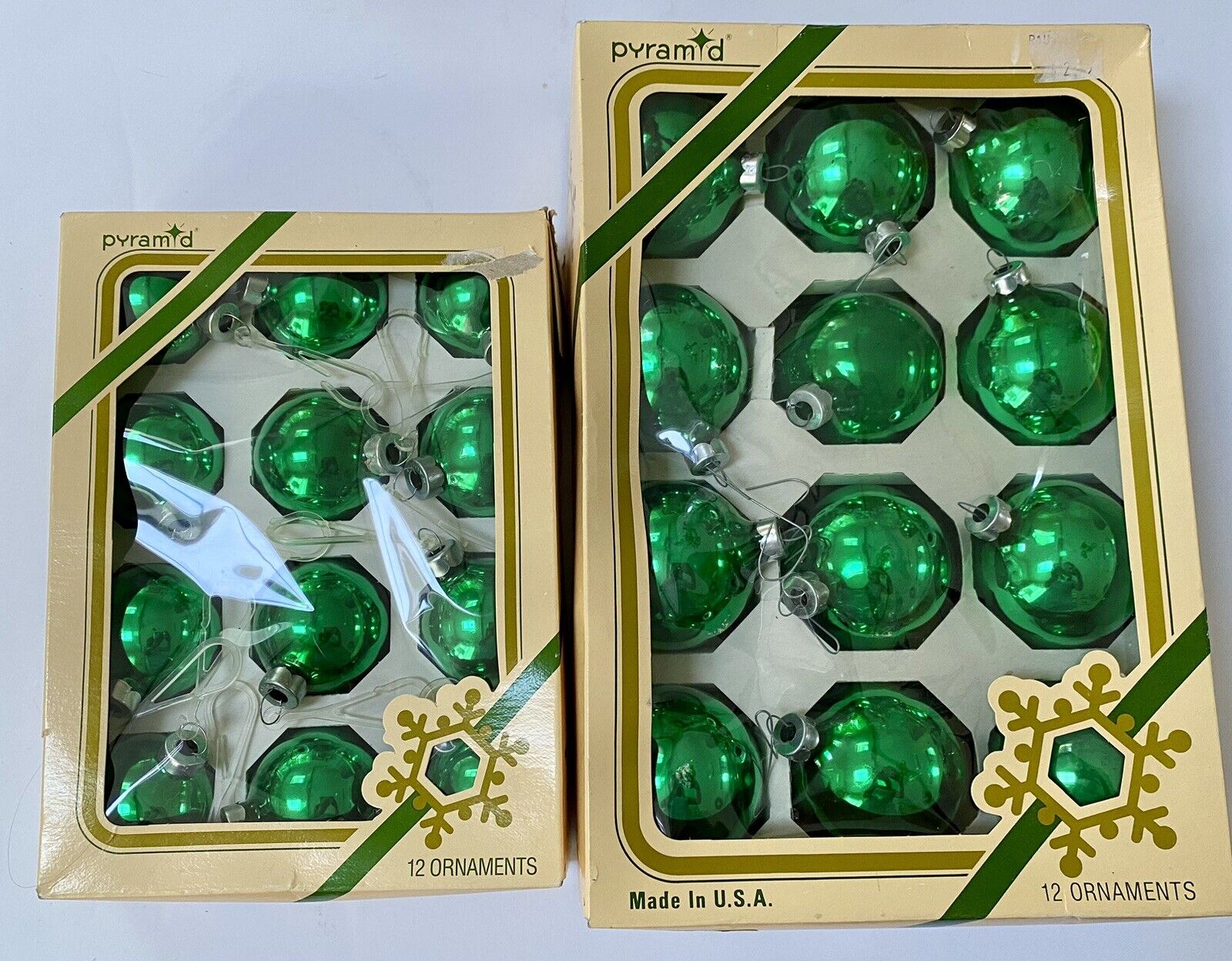 Vtg. Pyramid Green Glass Christmas Balls, 2 Boxes