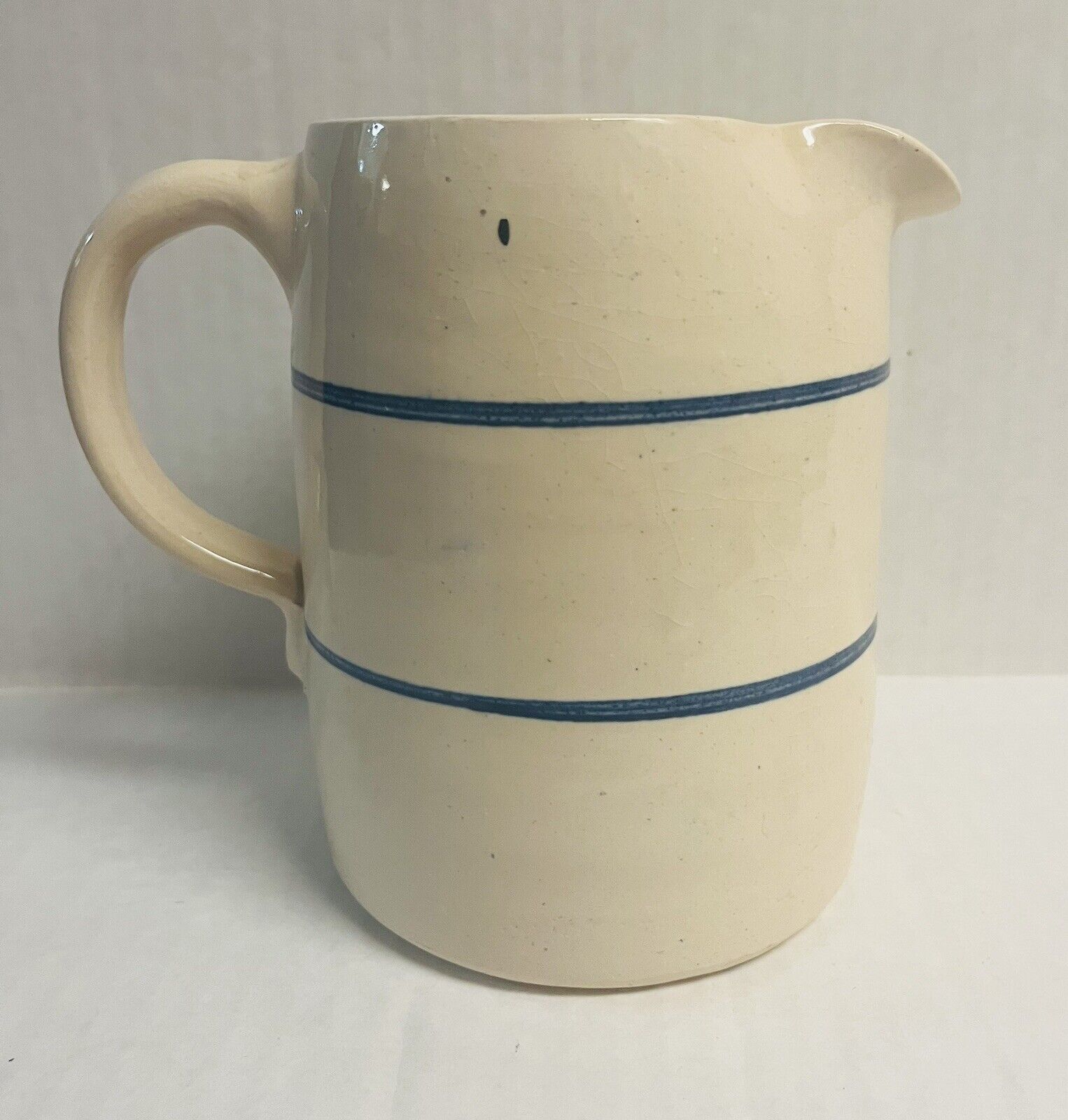 Vintage Marshal Pottery Blue & Cream Stripped Milk Pitcher Made In USA