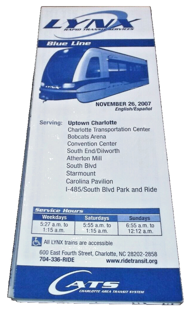 NOVEMBER 2007 CHARLOTTE LYNX BLUE LINE LIGHT RAIL TIMETABLE