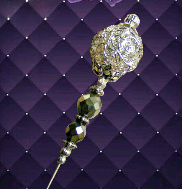 HATPIN with SILVER FILIGREE and Sparkling  Gray Crystals - 8 inch Long