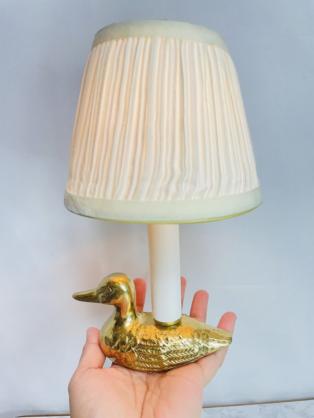 Vintage Small Gold Brass Duck Lamp With Ivory White Shade Tested Working