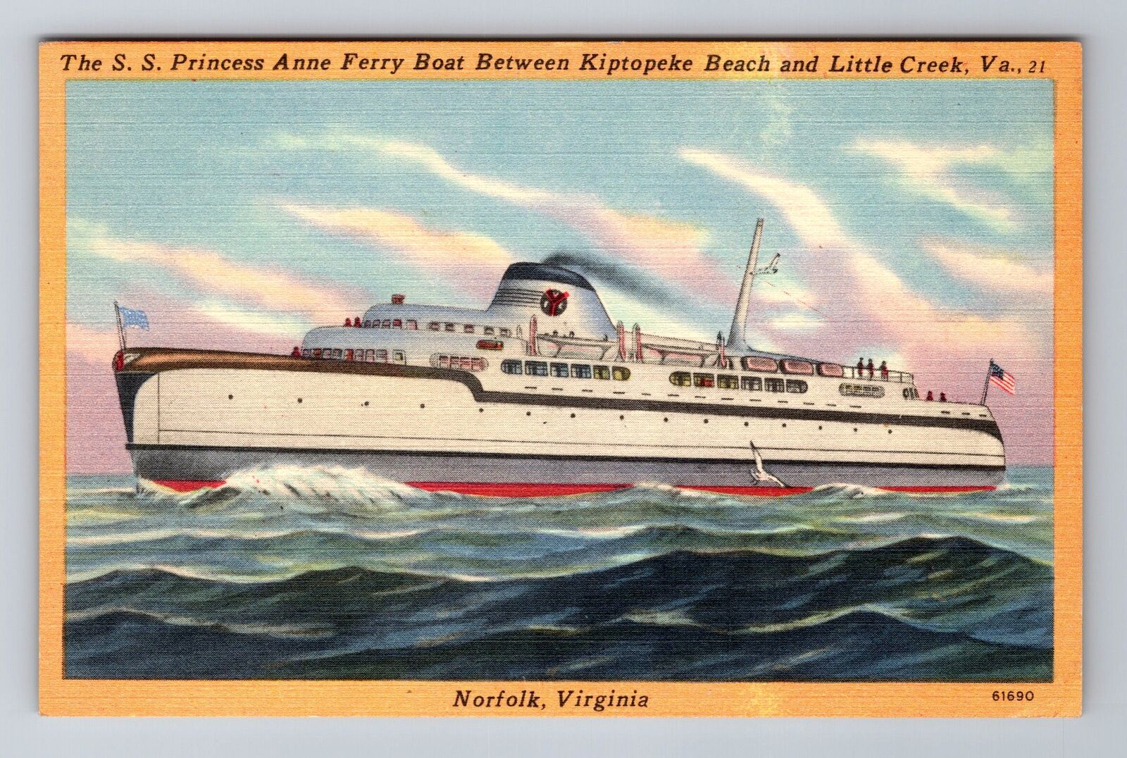 Norfolk VA- Virginia, SS Princess Anne Ferry Boat, Vintage c1957 Postcard