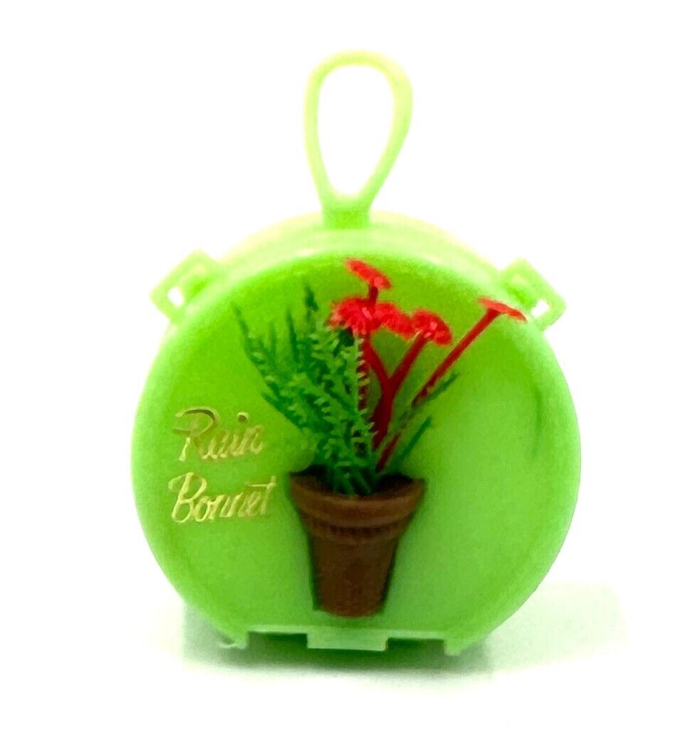 Rain Bonnet Plastic Train Travel Case Mini Flowers Vase GREEN Purse New Vintage