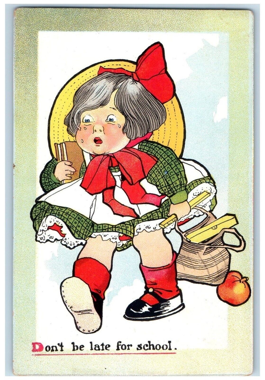 c1910's Little Girl Sweating Don't Be Late For School Antique Tuck's Postcard