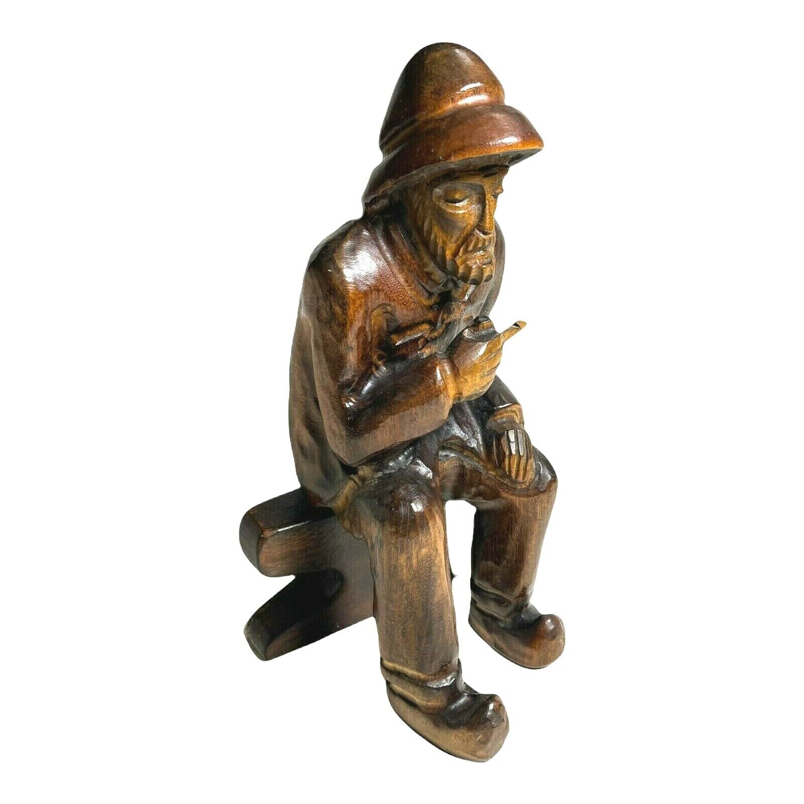 Vintage Hand Carved Old Man Statue Pipe Thinker Nautical Bench Hand Rubbed 