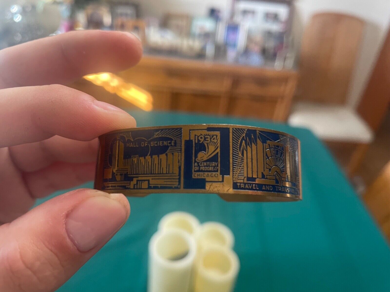 RARE/VINTAGE 1934 Chicago World’s Fair Bracelet with colored art etched in