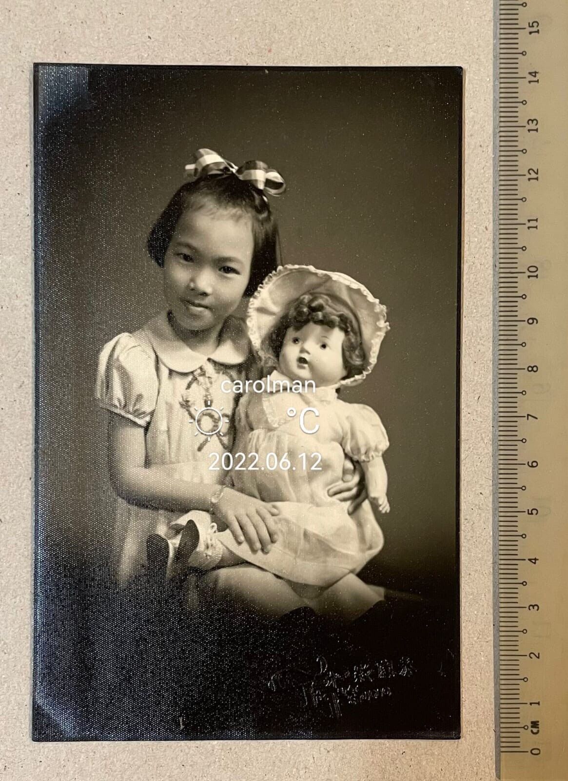 1953 Overseas Chinese children girl with her toy doll studio photo