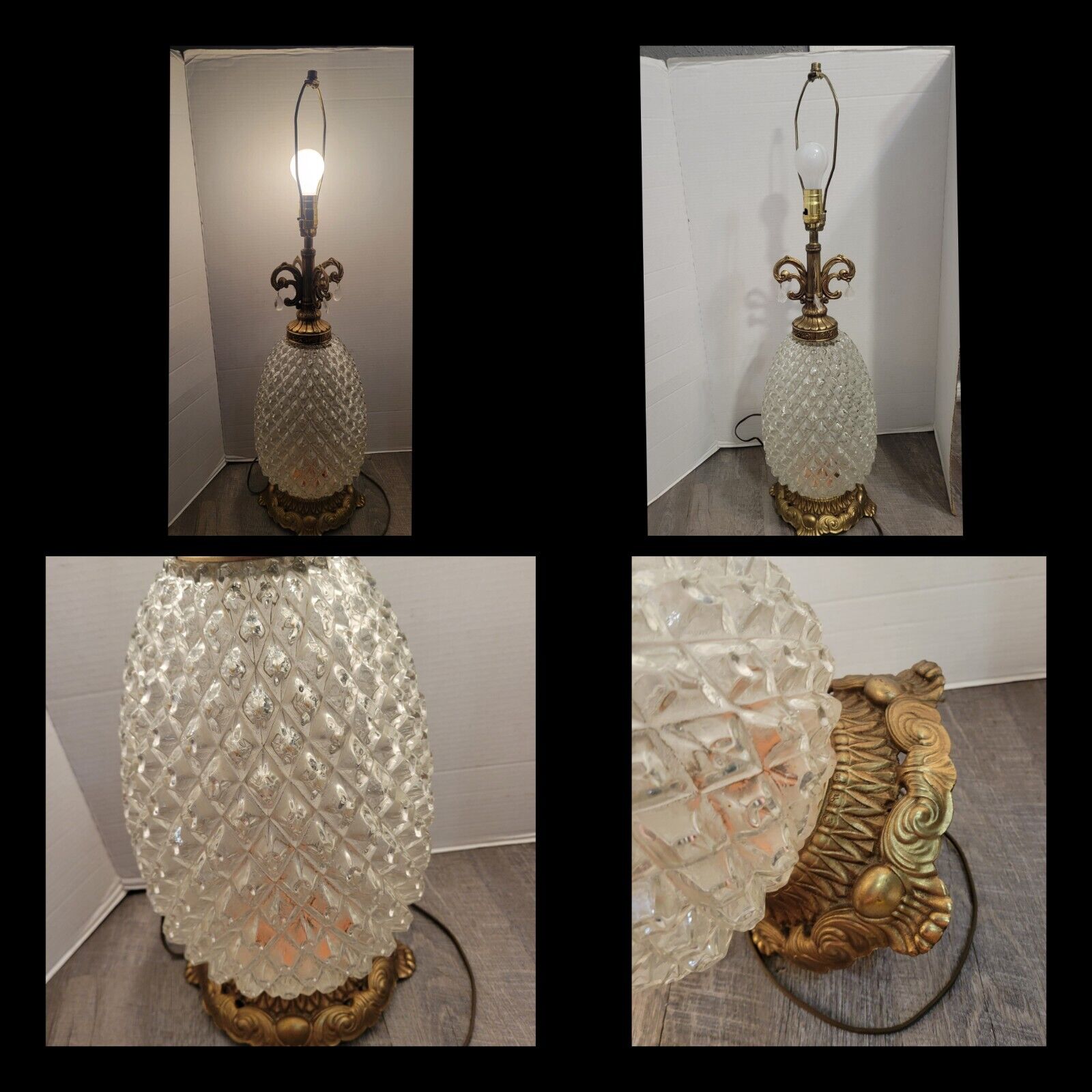 Vintage Mcm Hollywood Regency Table Lamp Pineapple Crystal Brass Footed
