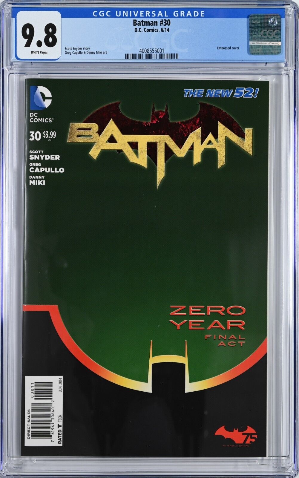 Batman #30 CGC 9.8 (Jun 2014, DC) Snyder Story, Greg Capullo Art, Embossed Cover