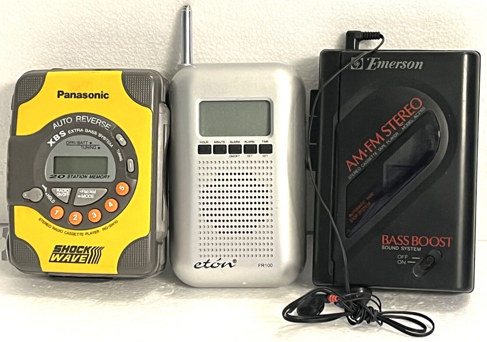 3 Vtg Electronic: Panasonic RQCW10 Shock Wave, Eton FR100 Radio, Emerson AC 2105