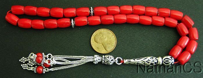 Luxury Prayer Beads Tesbih Komboloi Red Coral Barrel Beads and Sterling