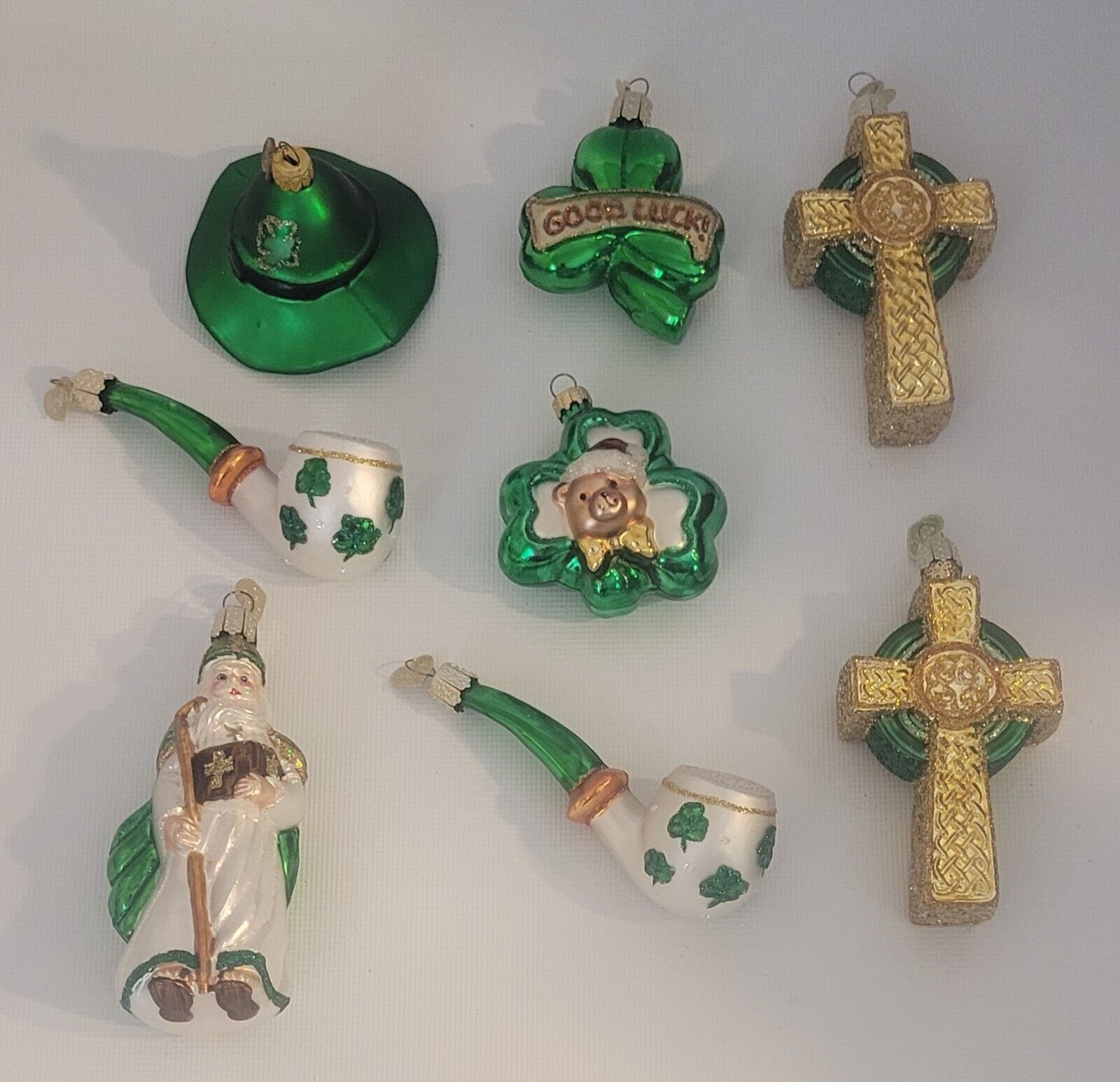 8 Vintage Old World Christmas St. Patrick\'s Day Glitter Glass Ornaments