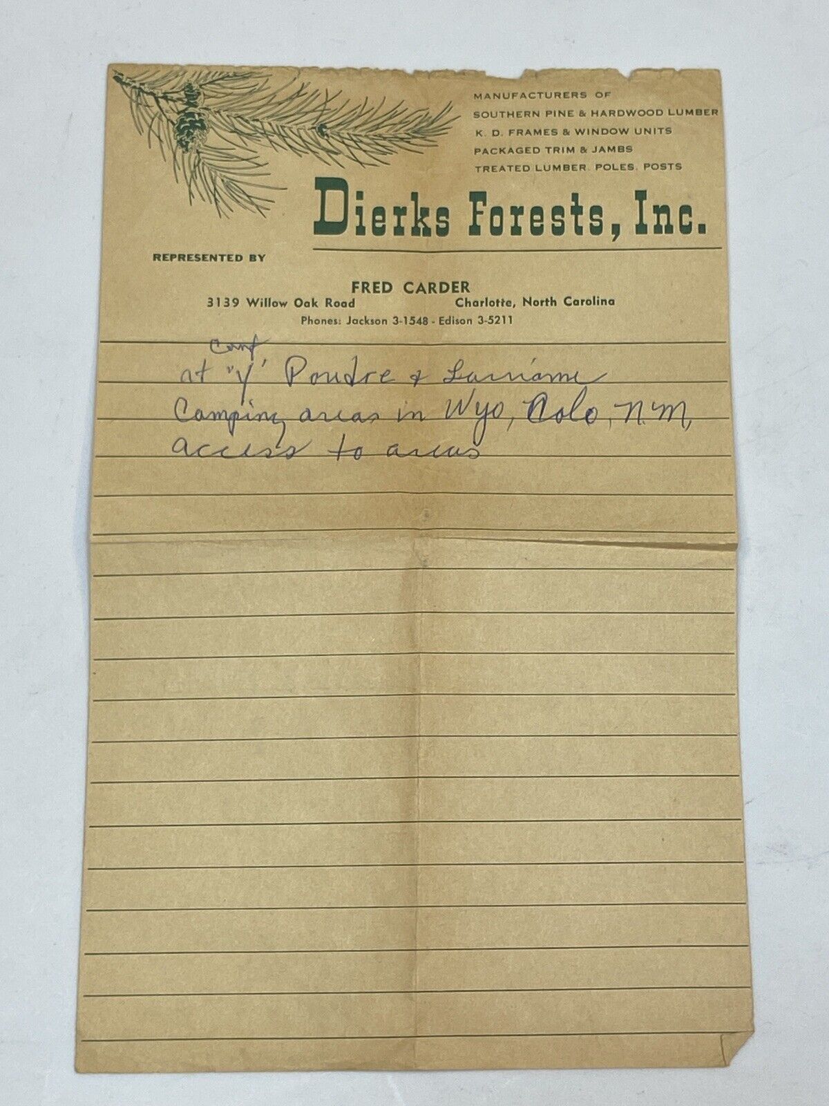 Dierks Forests Inc Vintage Paper Old Stationary Charlotte North Carolina Lumber