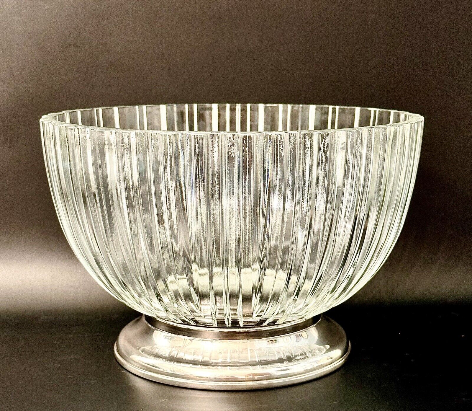 Elegant Ribbed Crystal Bowl With Silver Plate Base Made in Italy 8.75” x 5 5/8”