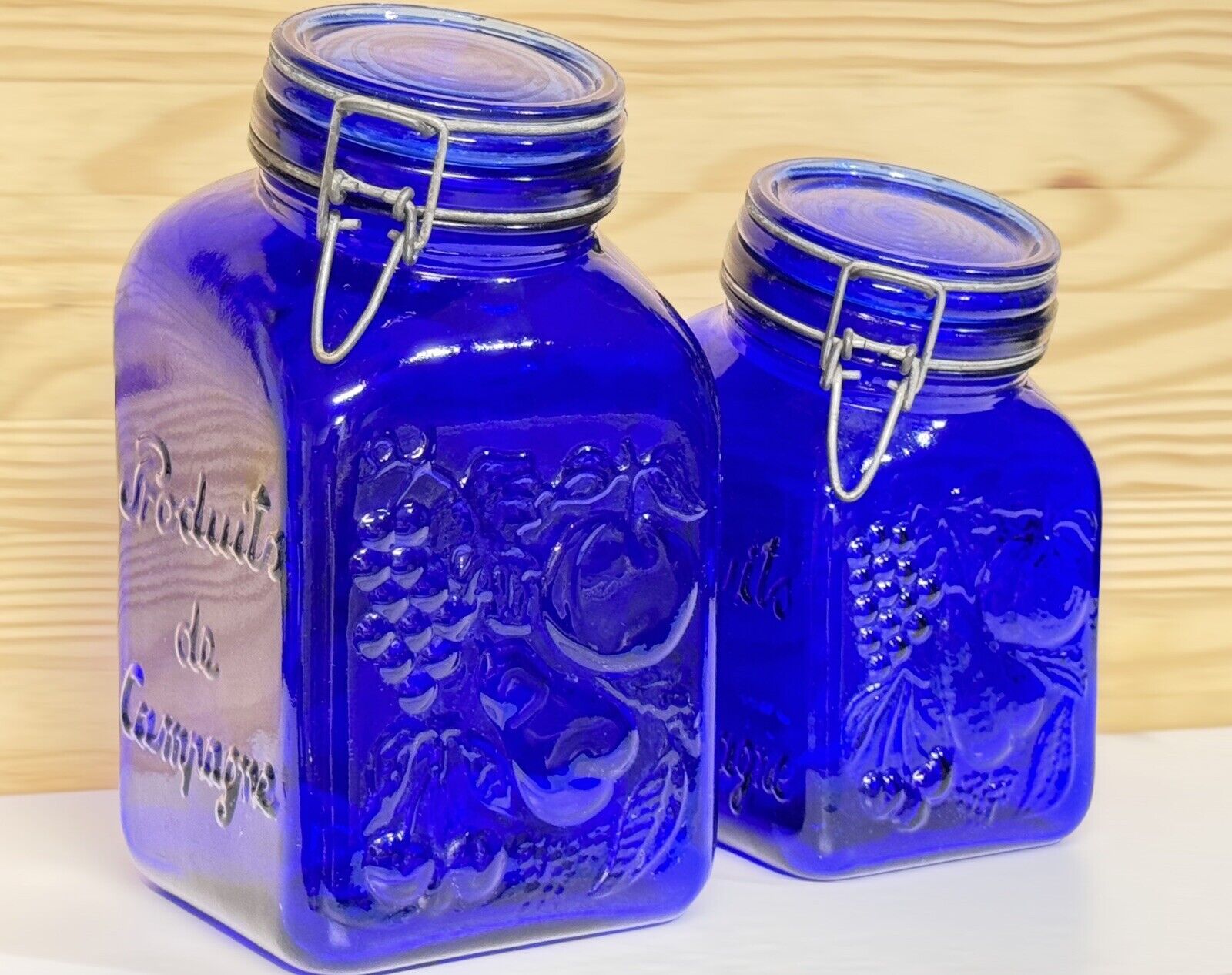 Vintage Cobalt Blue  Farm Products Mason Jar Canister Set (Italy) W/Slanted Neck