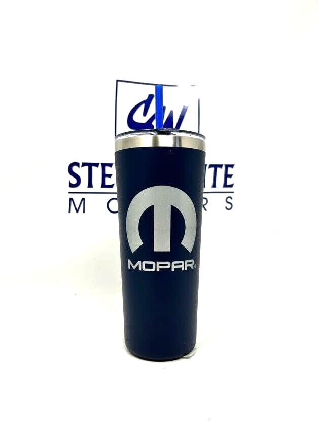 New Mopar 24oz Blue and Silver Mopar Logo Travel Cup with Lid and Straw
