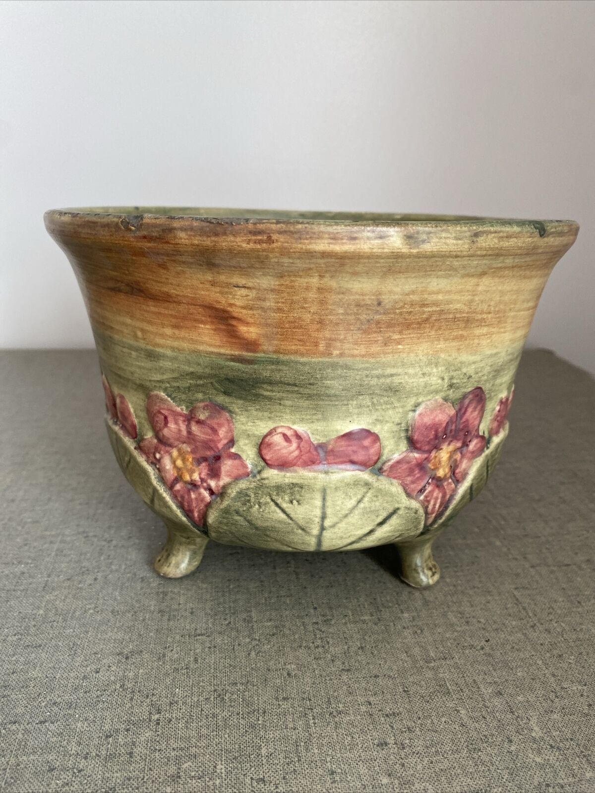 Antique  Weller Pottery 3 Footed Jardiniere Flemish Floral Design Vintage