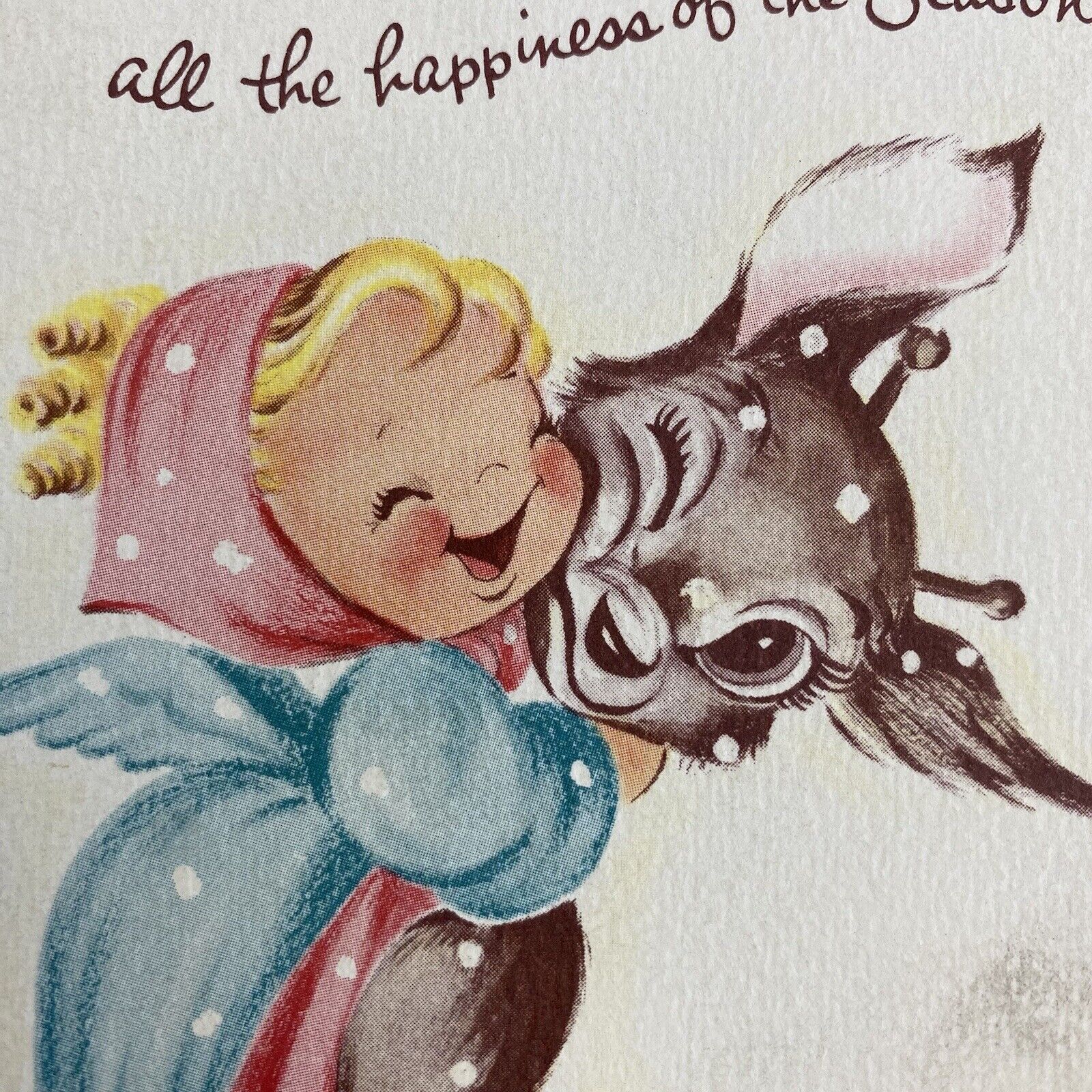 Vintage Mid Century Christmas Greeting Card Cute Girl Hugging Deer Reindeer