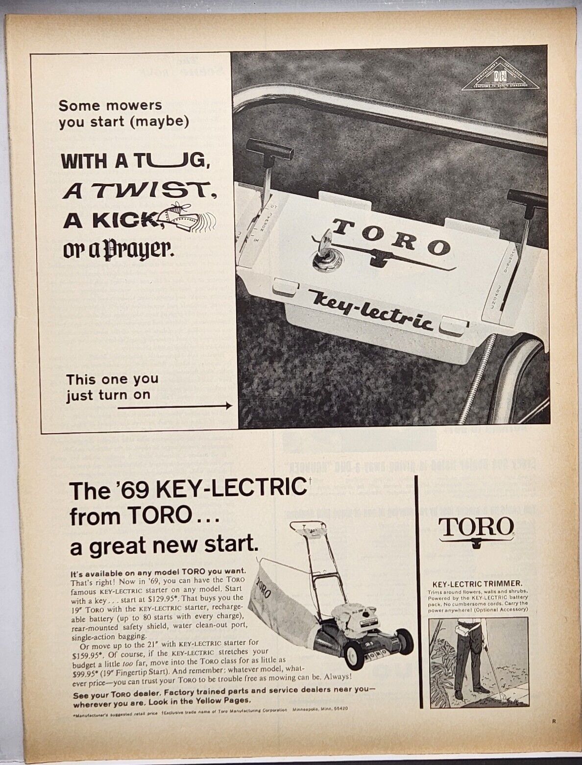 1969 Toro Lawn Mower Key-Lectric With A Tug, A Twist, A Kick Vtg Color Print Ad