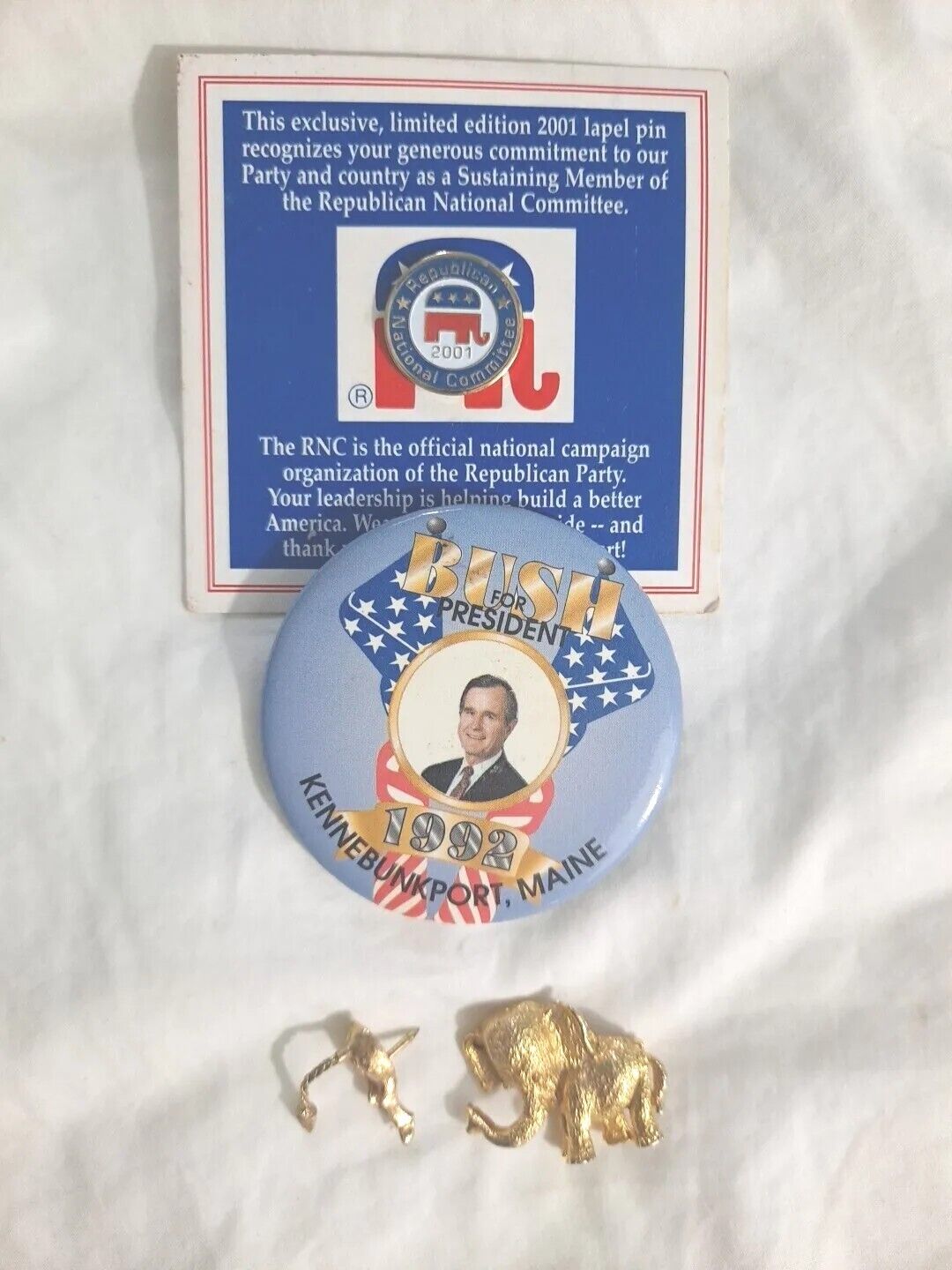 1992 BUSH For PRESIDENT pin, 2001 RNC PIN, Elephant And Donkey Ass Pin. Vintage 