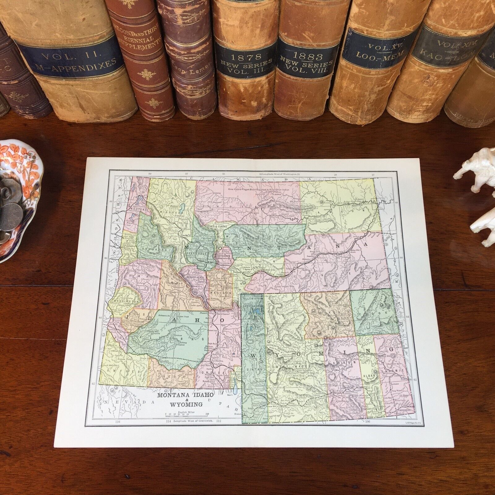 Original 1890 Antique Map WYOMING IDAHO MONTANA Billings Bozeman Boise Cheyenne