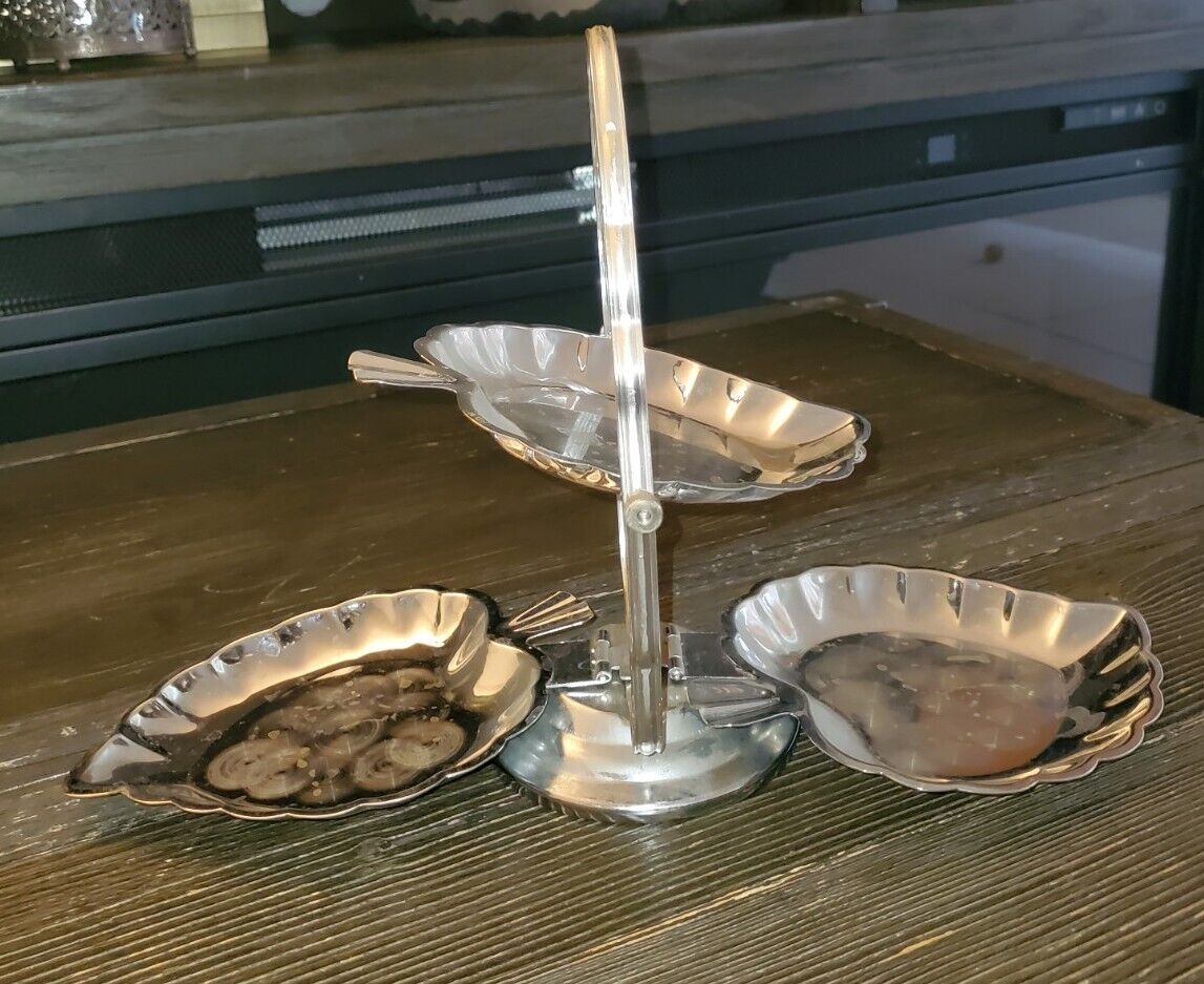 Mid Century Modern Collapsible Silver Tone Leaf 3 Tier Tray Vintage