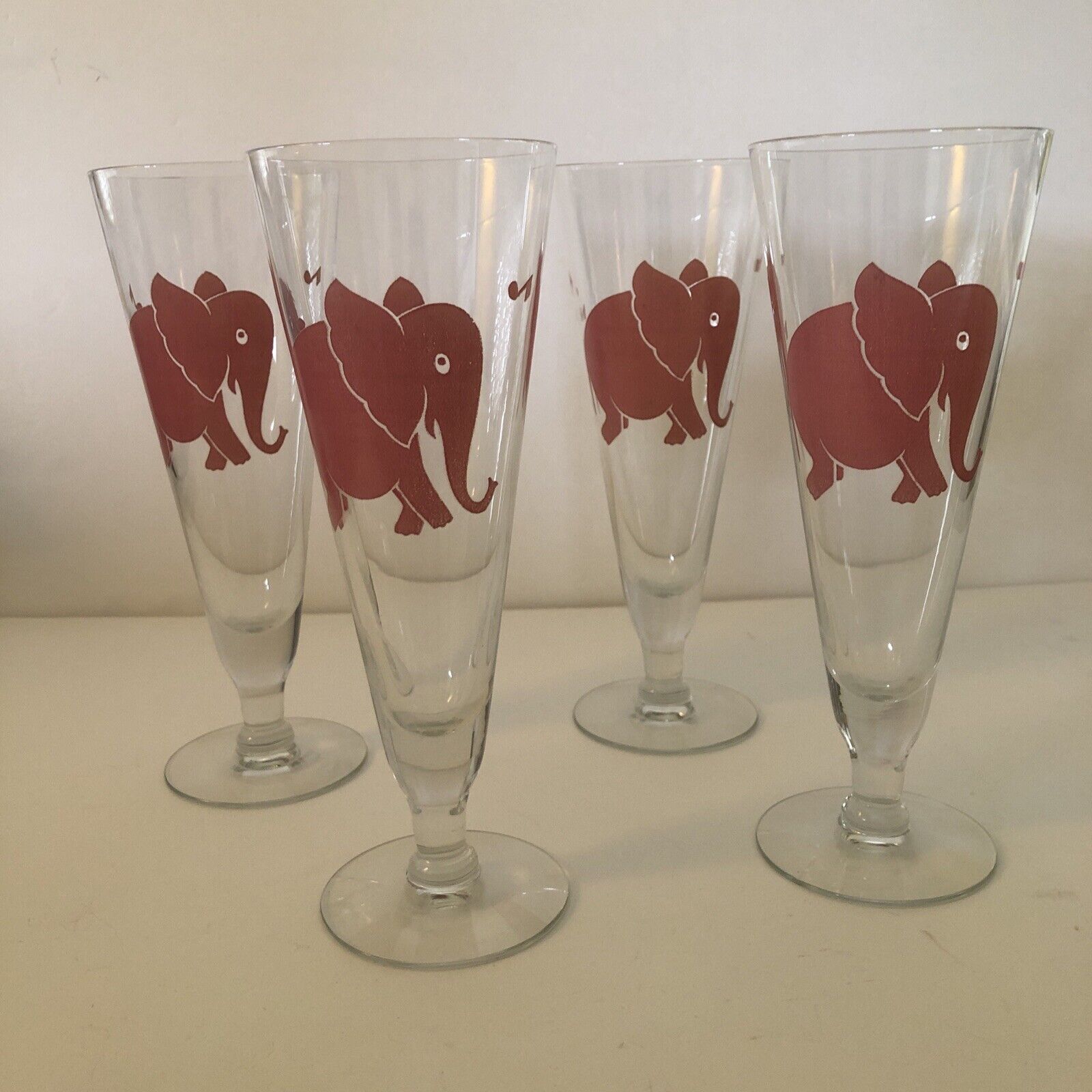Vintage Pink Elephant Dancing Pilsner Beer Glass Set 4 Hazel Atlas Glasses