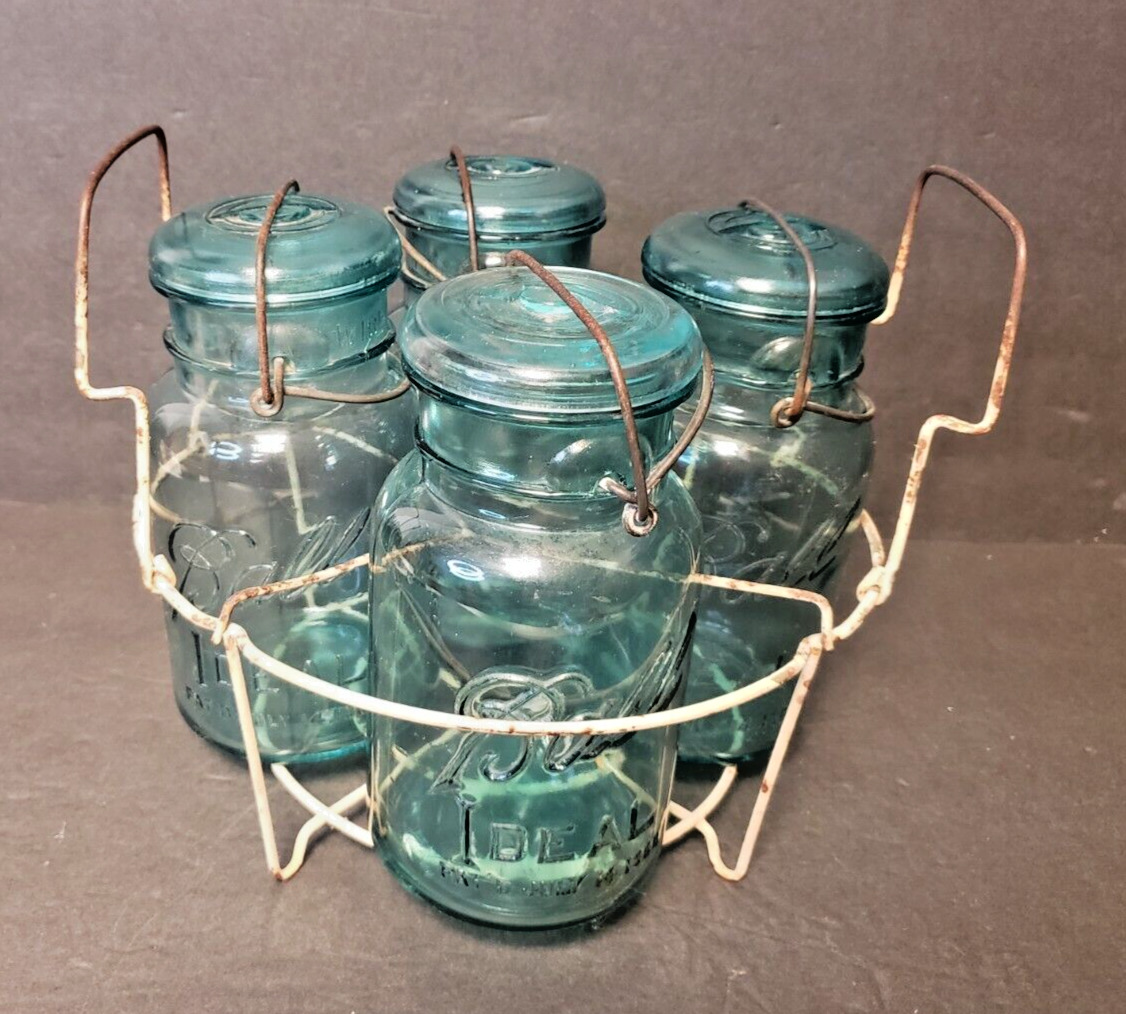 Antique Blue Ball Canning Jars & Wire Basket Set of 4 Jars & Lids Pat 1908