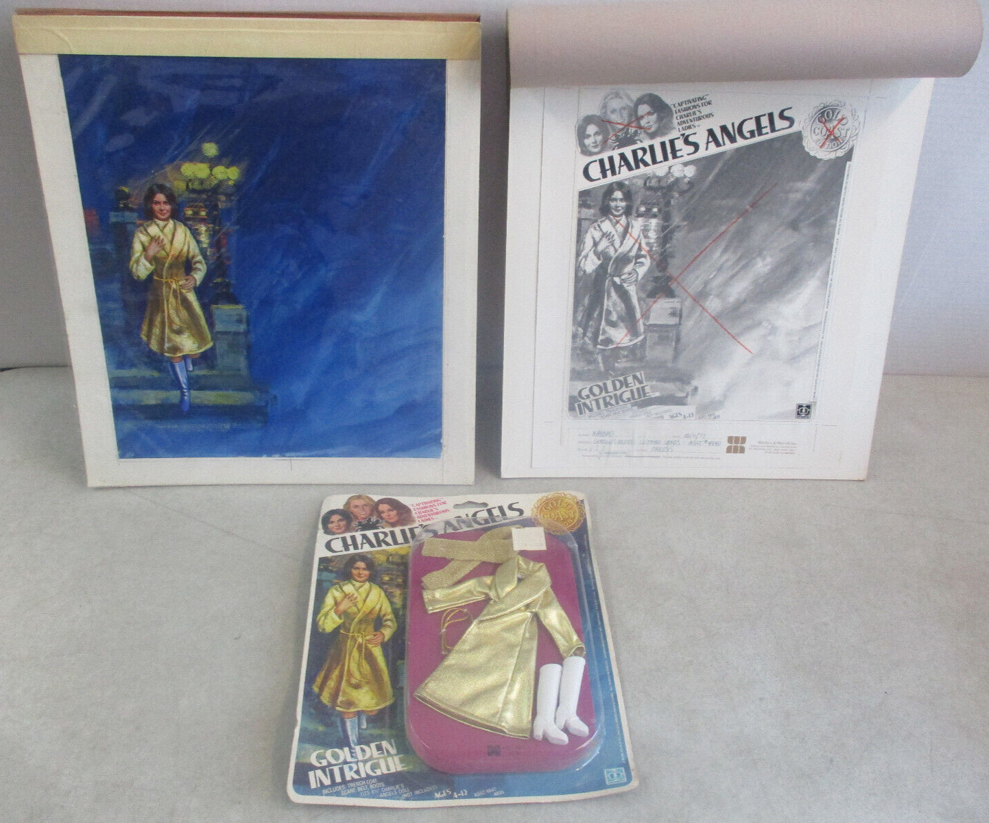 1977 CHARLIE'S ANGELS DOLL GOLDEN INTRIGUE ACCESSORY ORIGINAL ART MOCK UP & TOY