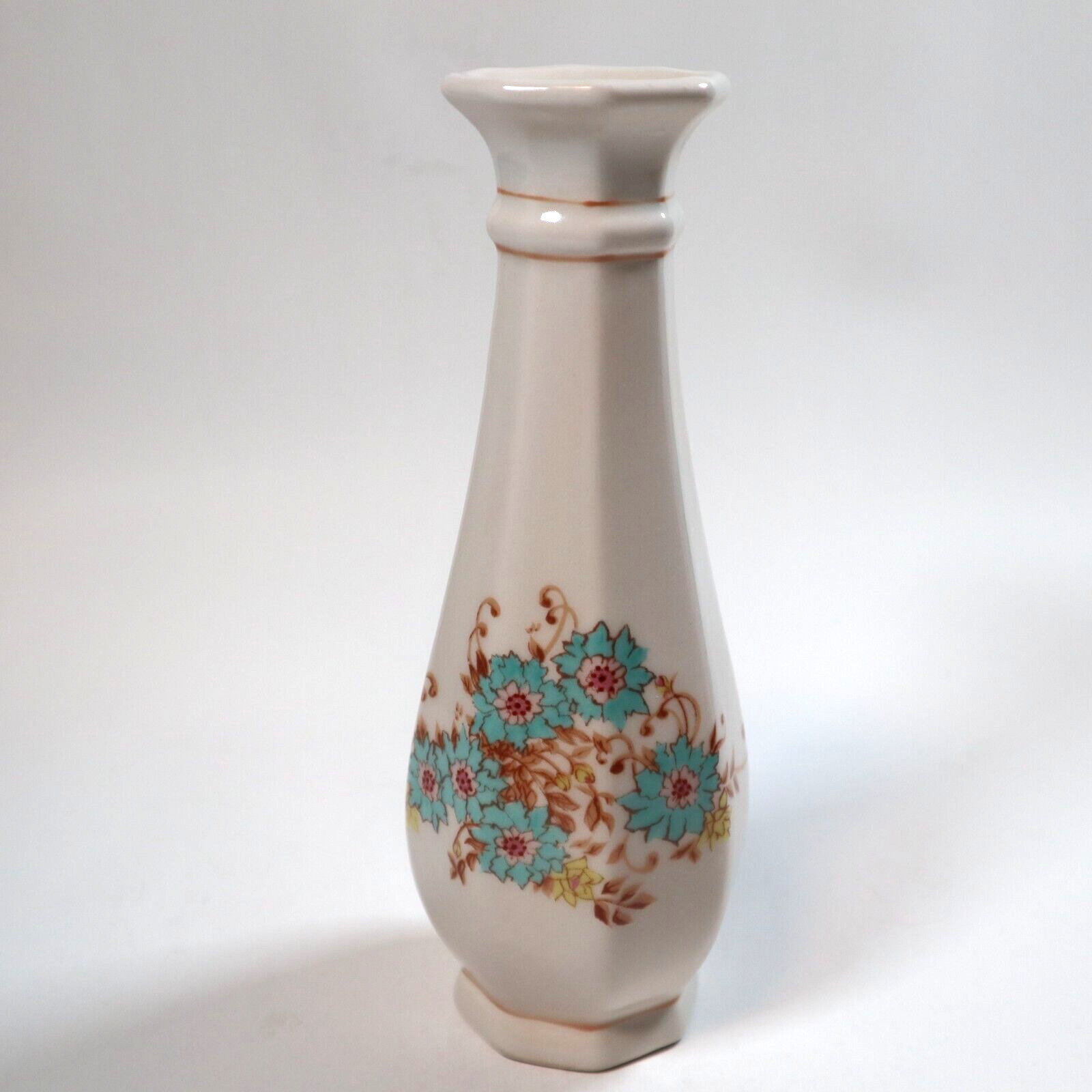 Vintage 1983 FTD F.T.D.A. White Ceramic Blue Flower Vase Floral Pattern Portugal