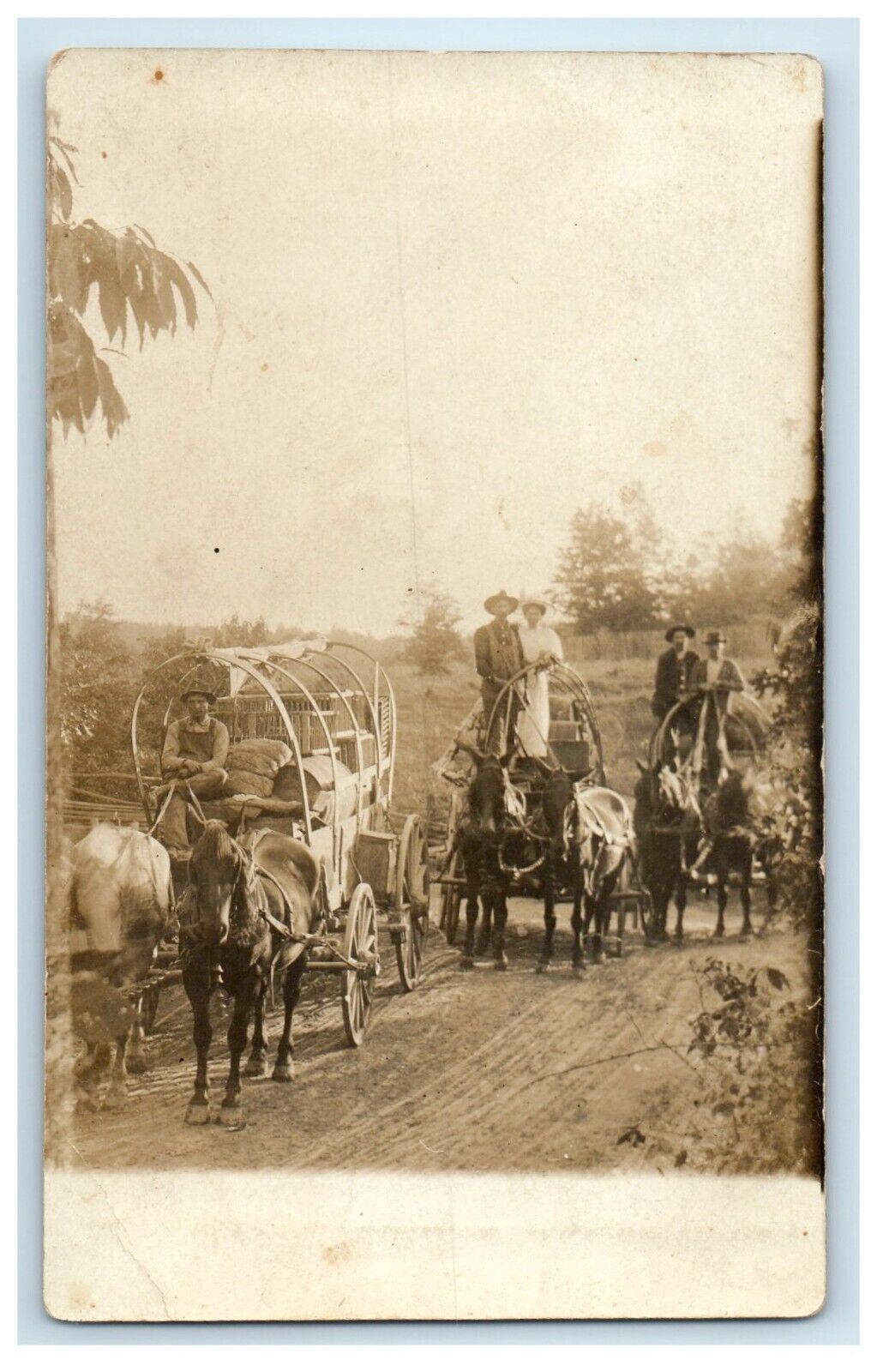 c1910\'s Covered Wagons Horses Trail Couples RPPC Unposted Photo Postcard