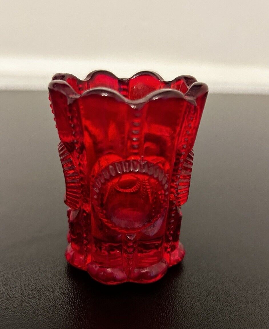 Antique LG Wright Ruby Red Toothpick Holder Mini Vase Bullseye Zipper Glass