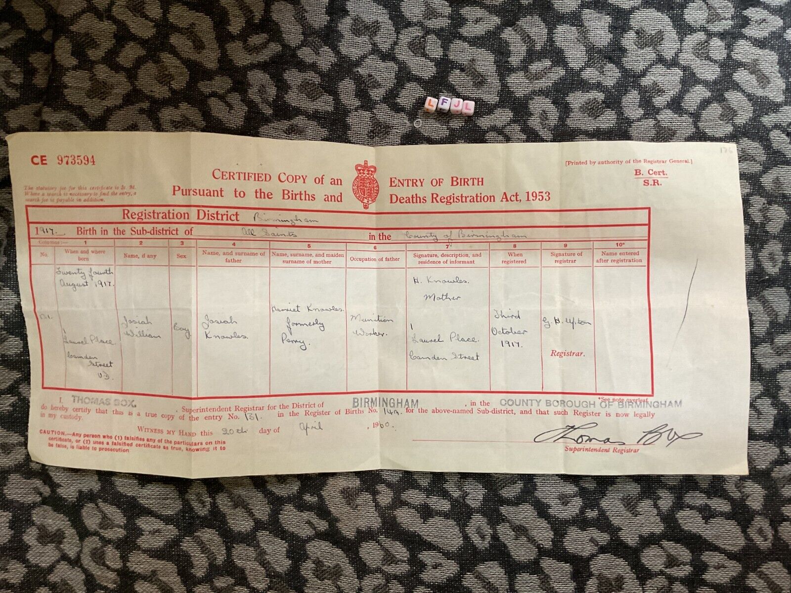 Antique Large 1917 Birth Certificate