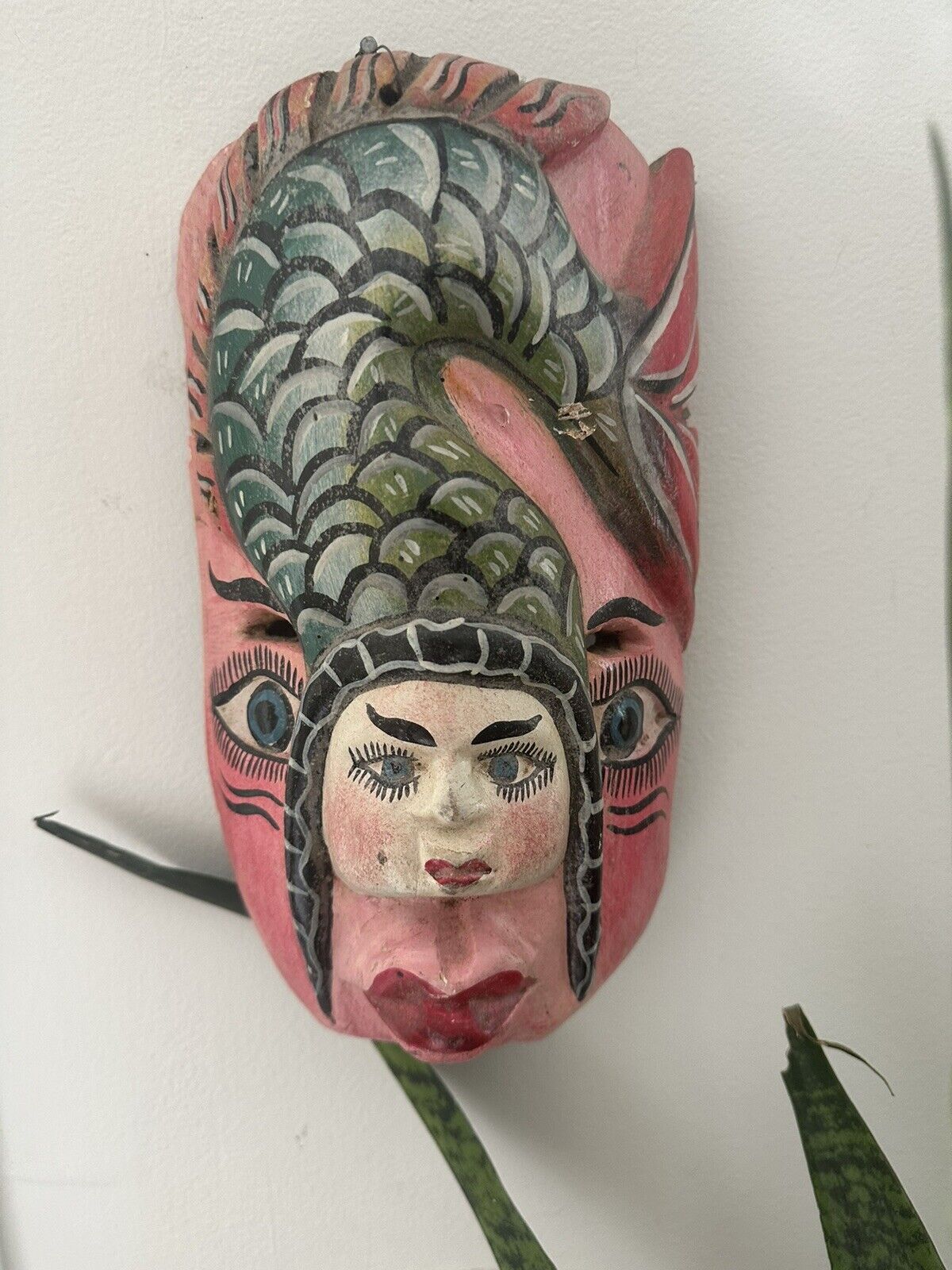 Vintage Carved Wood Face Mask Hand Painted Pink Green Serpent Brutalist Tribal