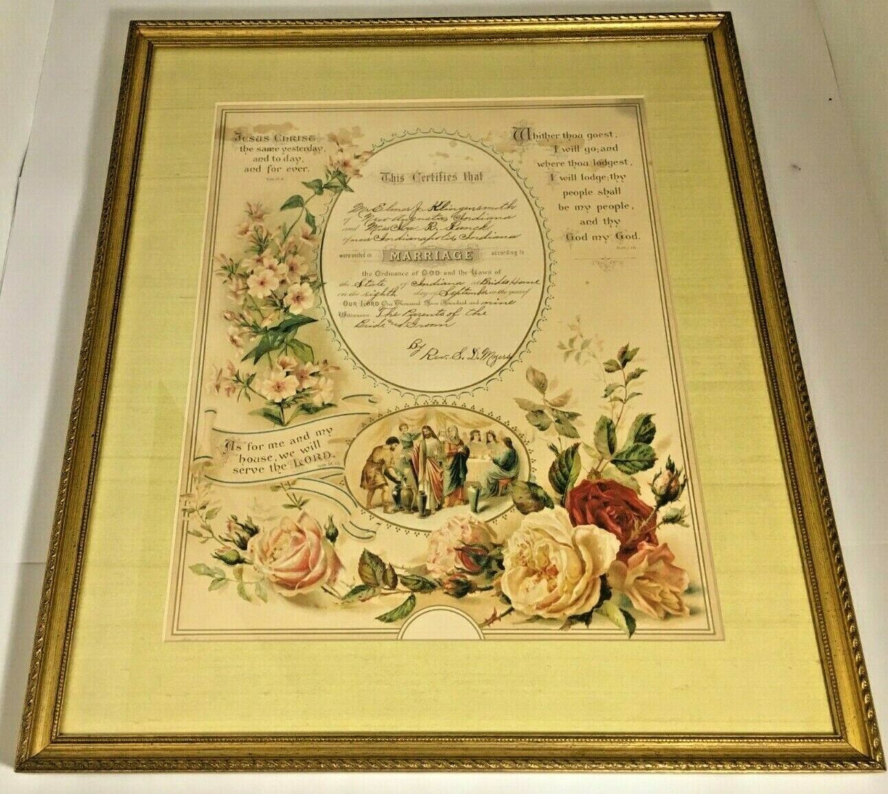 1909 Antique Indiana Framed Marriage Certificate 21x18x1