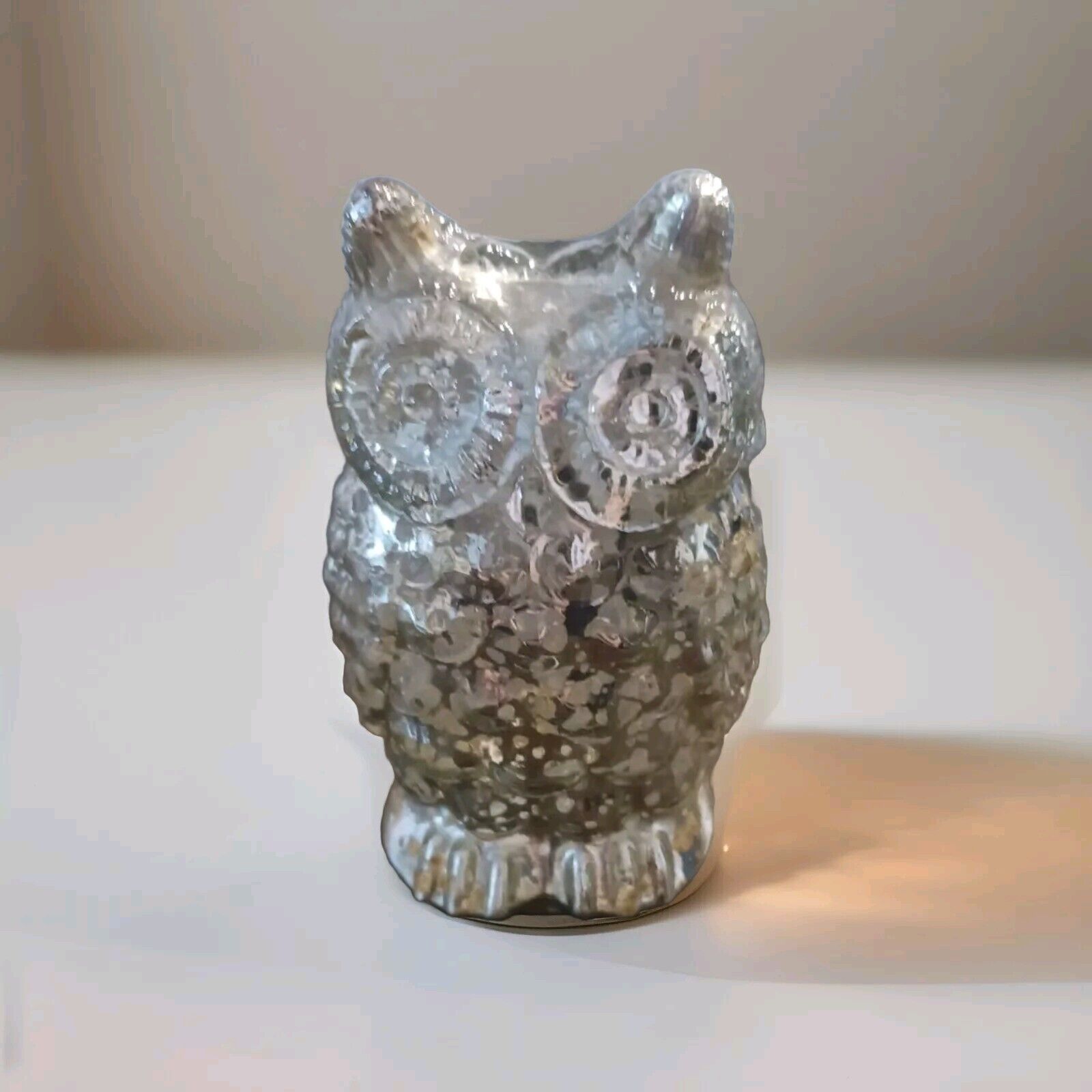 Silver Mercury Glass Big Eyed Owl Figurine Vintage