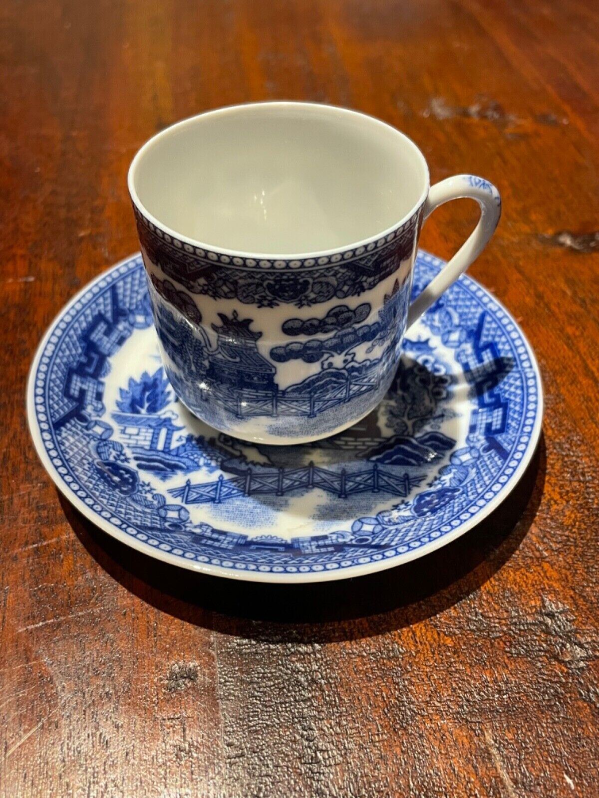 Blue Willow Japan Lithophane Geisha Demitasse Cup & Saucer Set Vintage