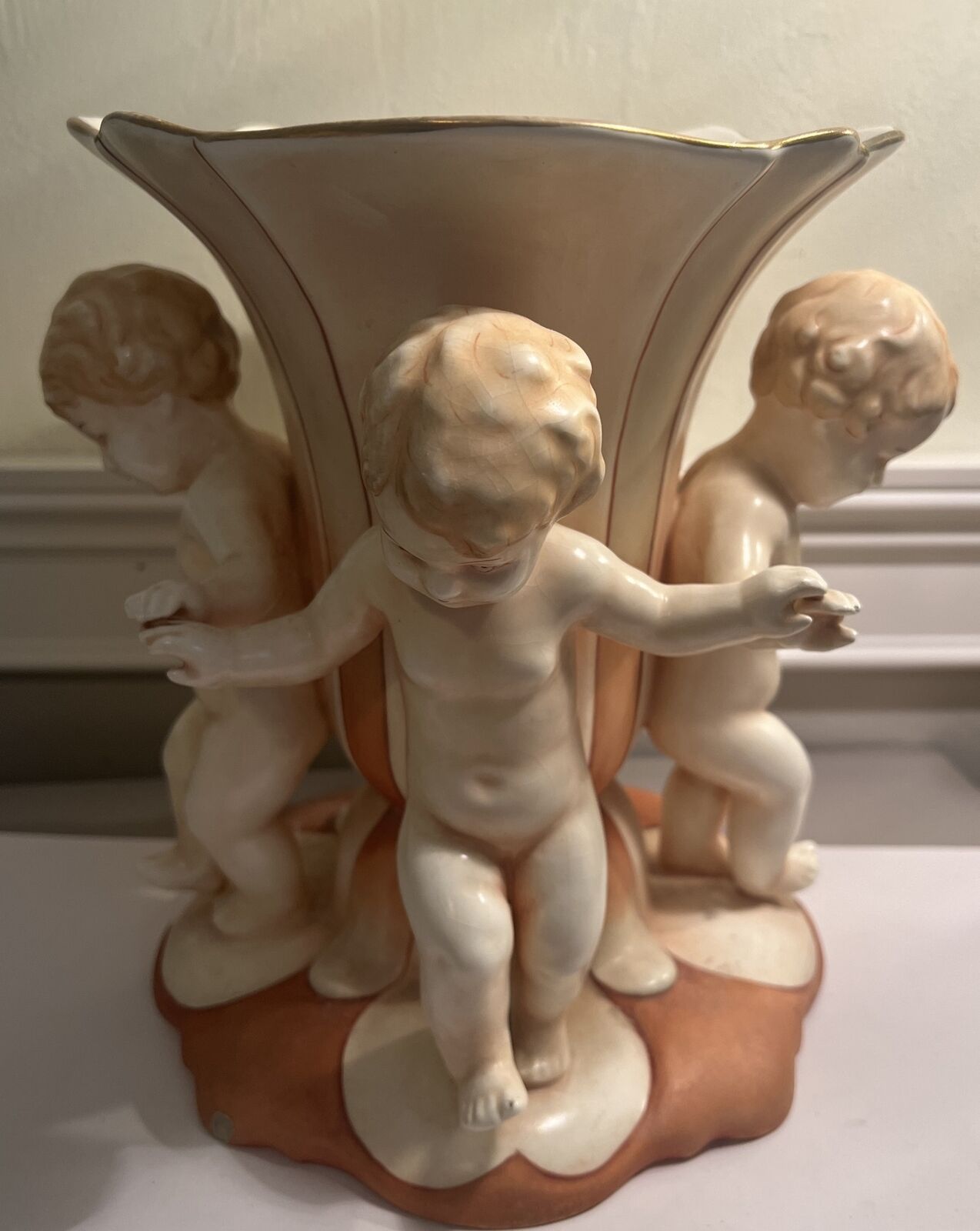 VTG Large Porcelain Cherub Like Figurines Vase Royal DLT, Made In Czechoslovakia