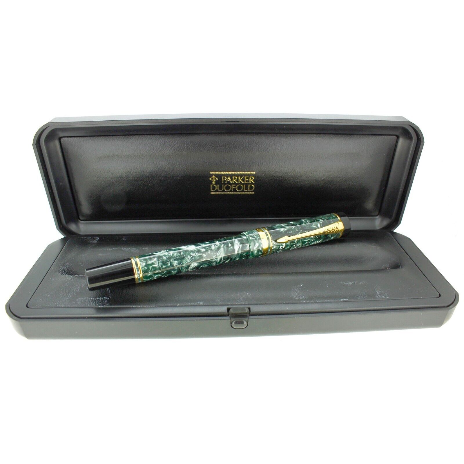 1992 PARKER DUOFOLD GREEN MARBLE ROLLERBALL PEN IN BOX MADE IN UK