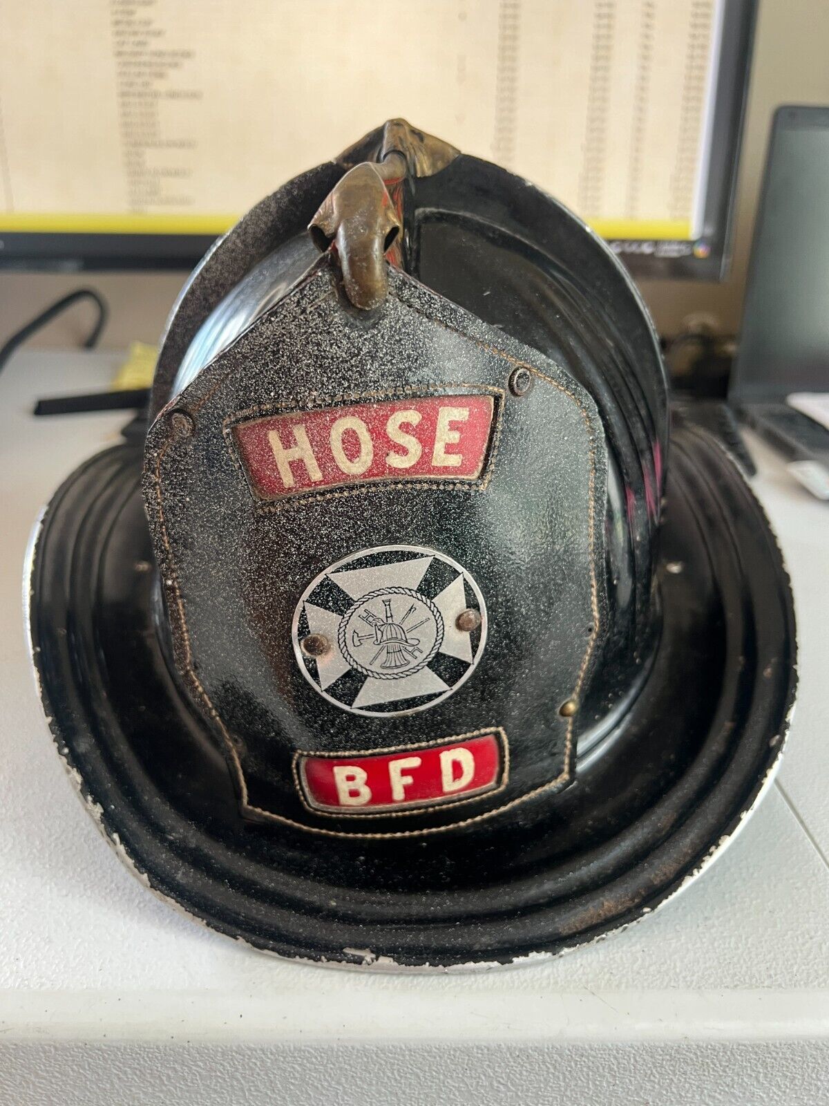 Vintage Cairns & Brother Metal Black Fireman\'s Helmet With Badge Hose BFD