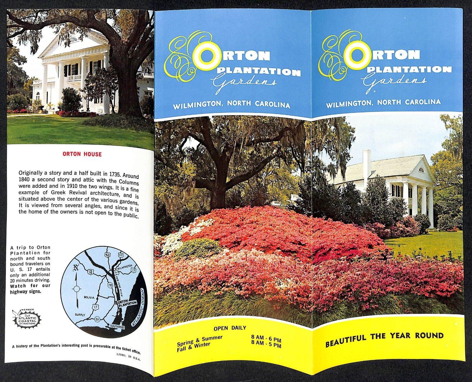 Orton Plantation Gardens Wilmington, NC c1960's Travel Brochure w/ Map