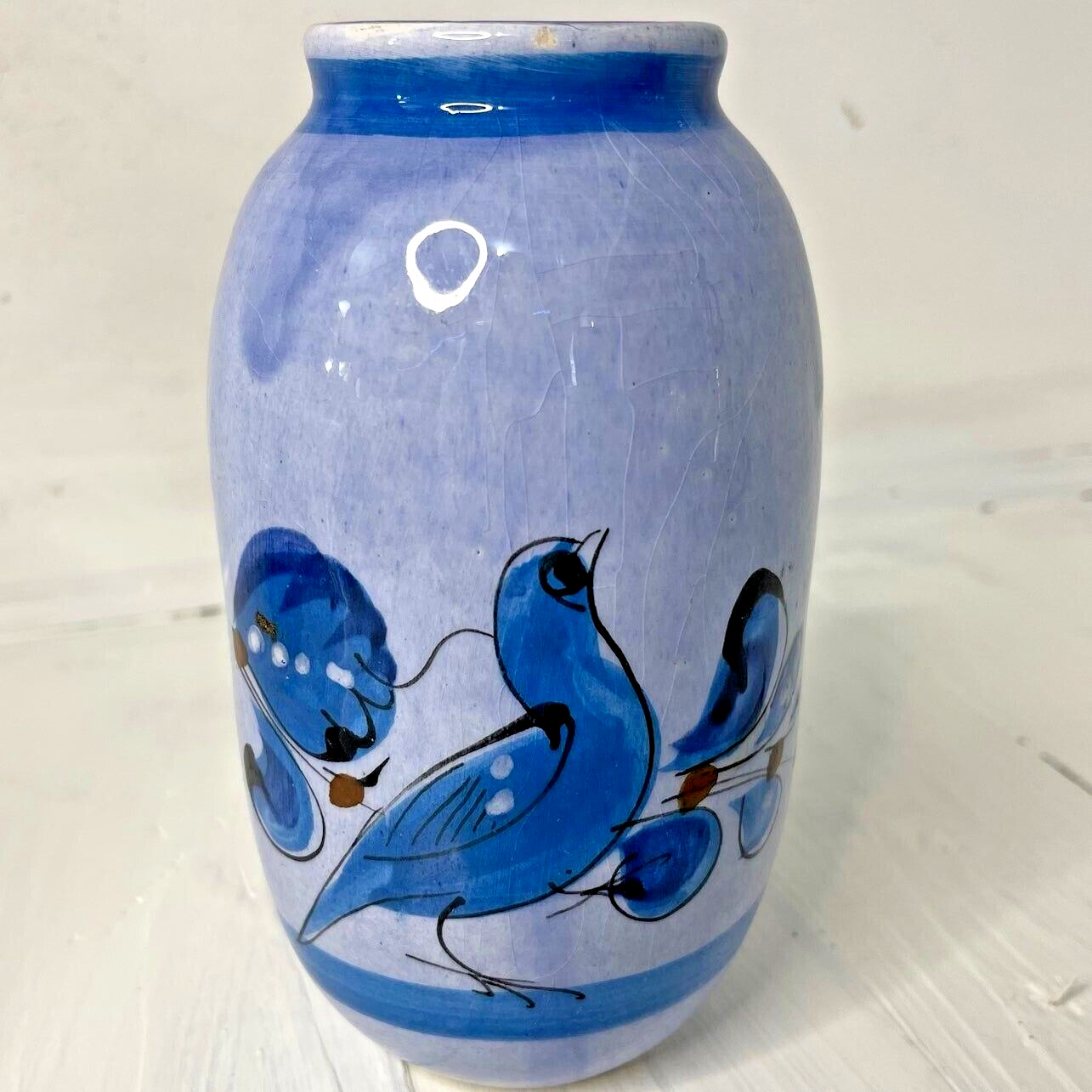 Mexican Pottery Blue Glazed Bird Vase 6”