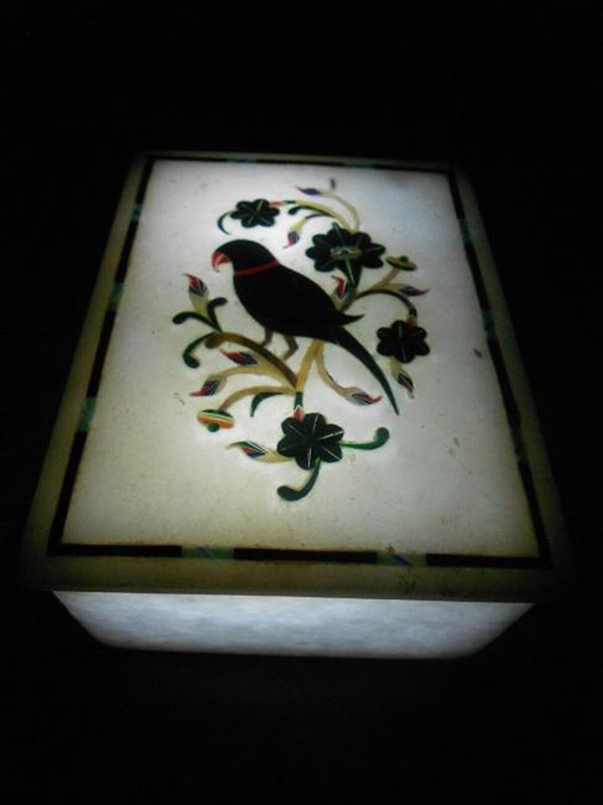 Rectangle Shape White Marble Jewelry Box Parrot Pattern Inlay Work Cosmetic Box