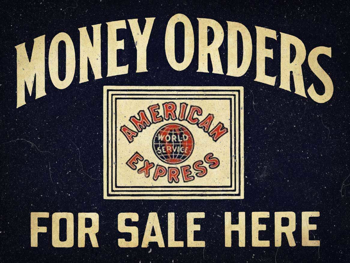 (12) AMERICAN EXPRESS MONEY ORDERS FOR SALE HERE HEAVY DUTY USA MADE METAL SIGN