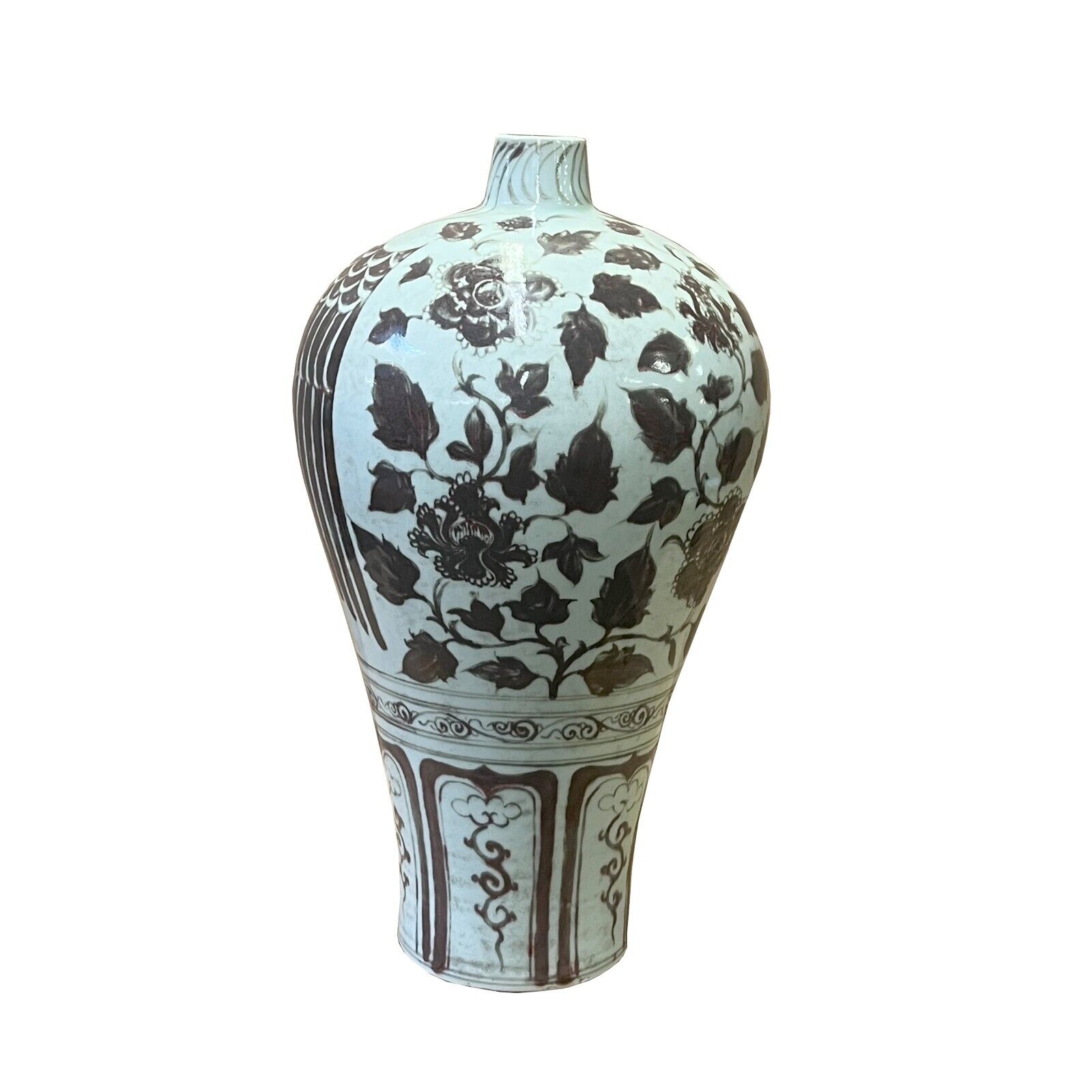 Chinese Oriental Brown Off White Base Graphic Ceramic Vase ws2520