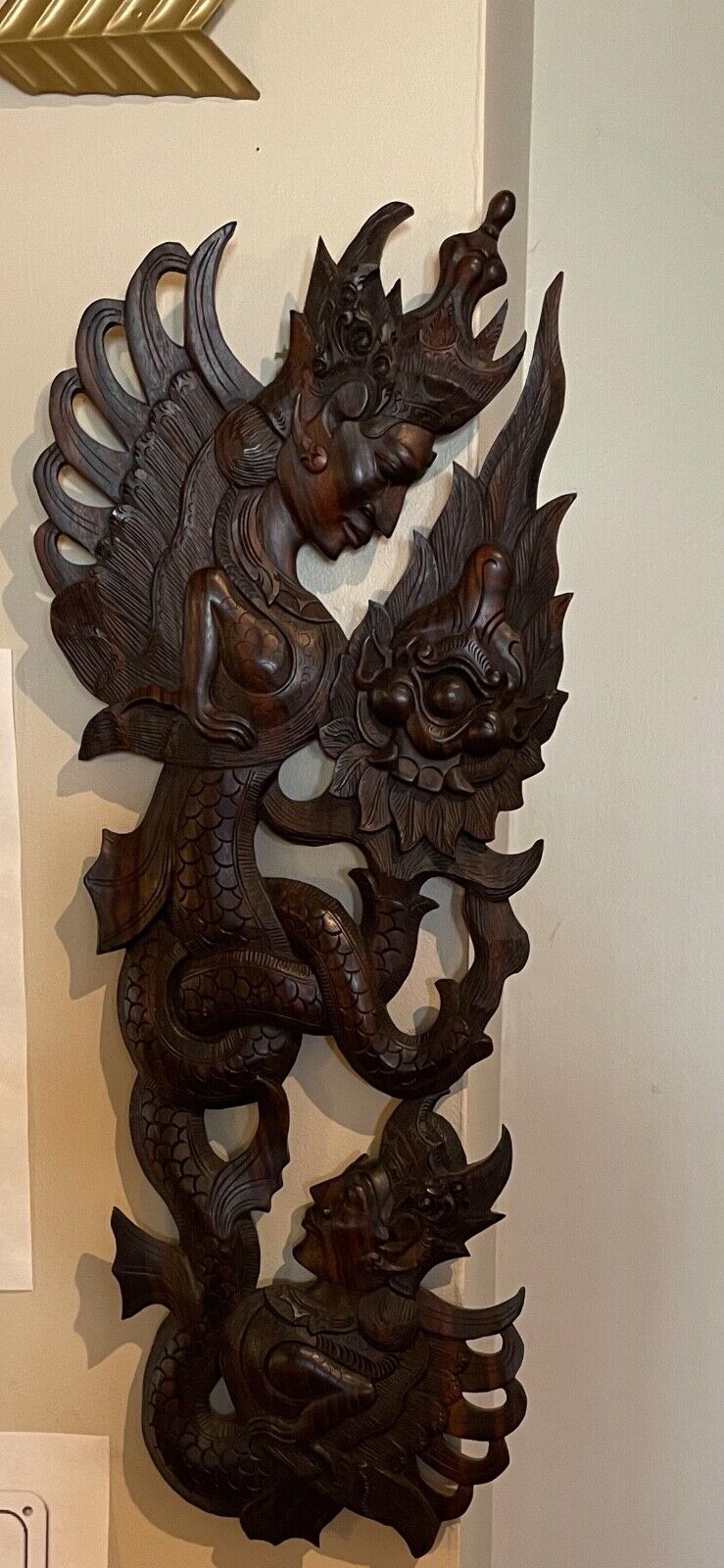 Indonesian carving Demi god/ serpent vintage 21 inches wall mount