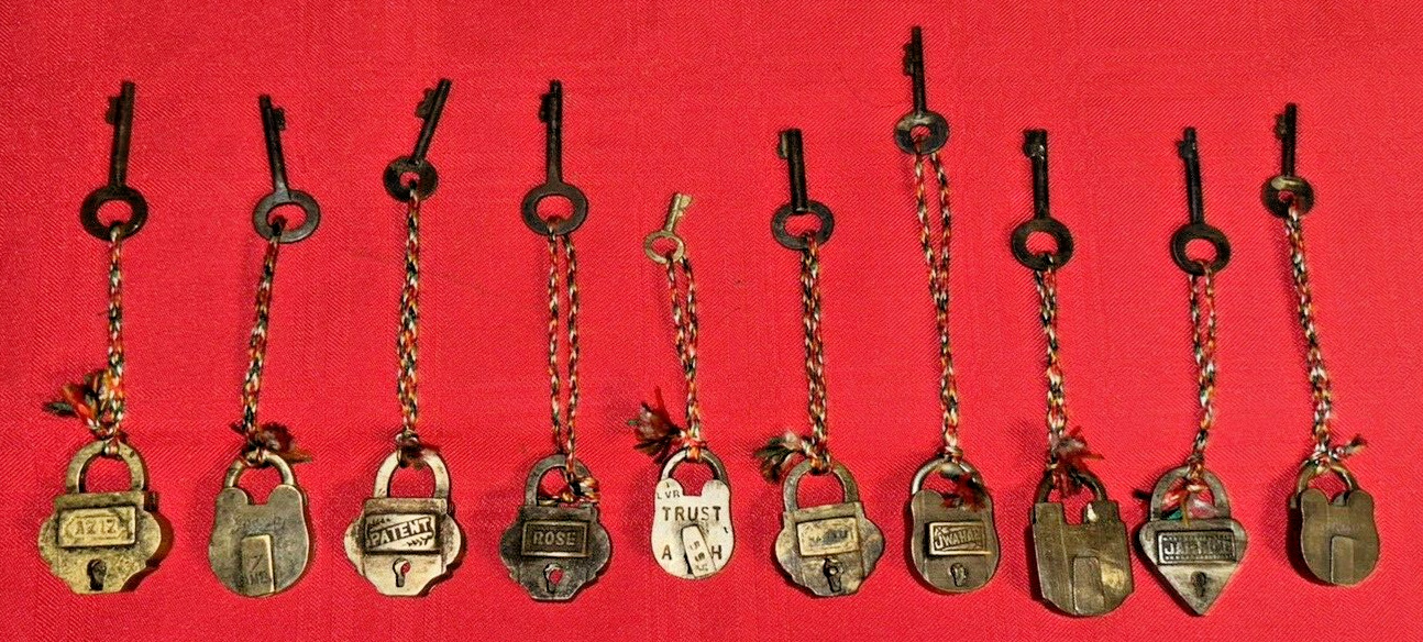 10 India(n) Brass Miniature Love Padlocks w/Iron Keys: ROSE, PATENT, All Work