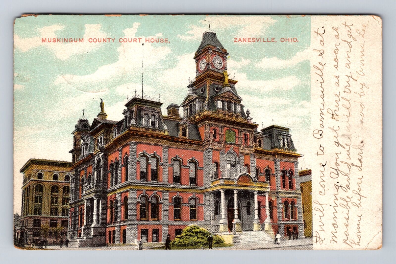 Zanesville OH-Ohio, Muskingum County Court House, Clock, Vintage c1909 Postcard